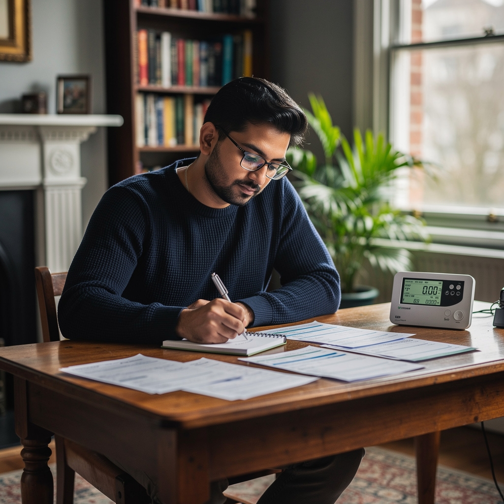 A person reviewing home energy bills and taking notes at a wooden desk in a cosy British living room