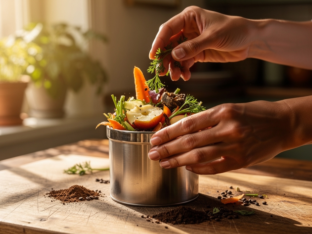 Close-up of hands sorting kitchen vegetable scraps into a small countertop compost container, natural daylight from a window