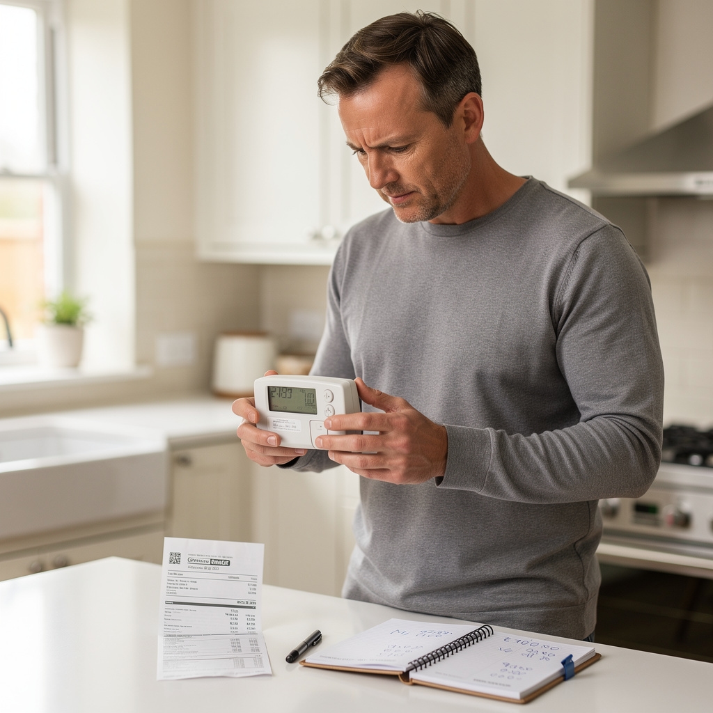 A person using a smart meter display and energy monitoring device in a British kitchen, reviewing consumption data