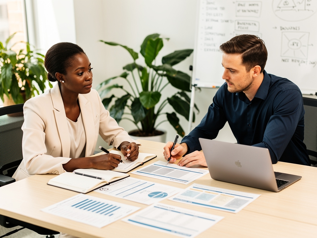 Two professionals reviewing educational materials together at a table, notebooks and printed course outlines visible, warm office lighting