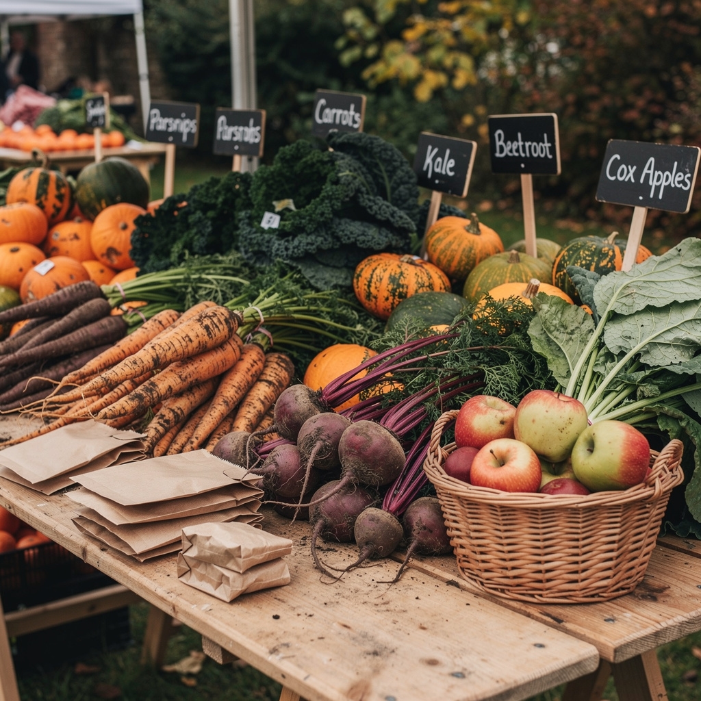 A wooden farmers market stall displaying British seasonal vegetables including root vegetables, kale and squash in autumn light