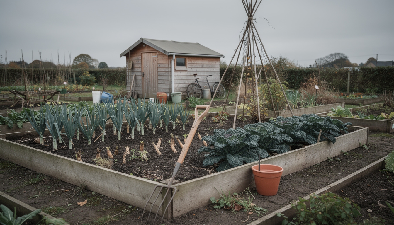 A well-tended British allotment in autumn with rows of leeks, kale and root vegetables ready for harvest, overcast British sky