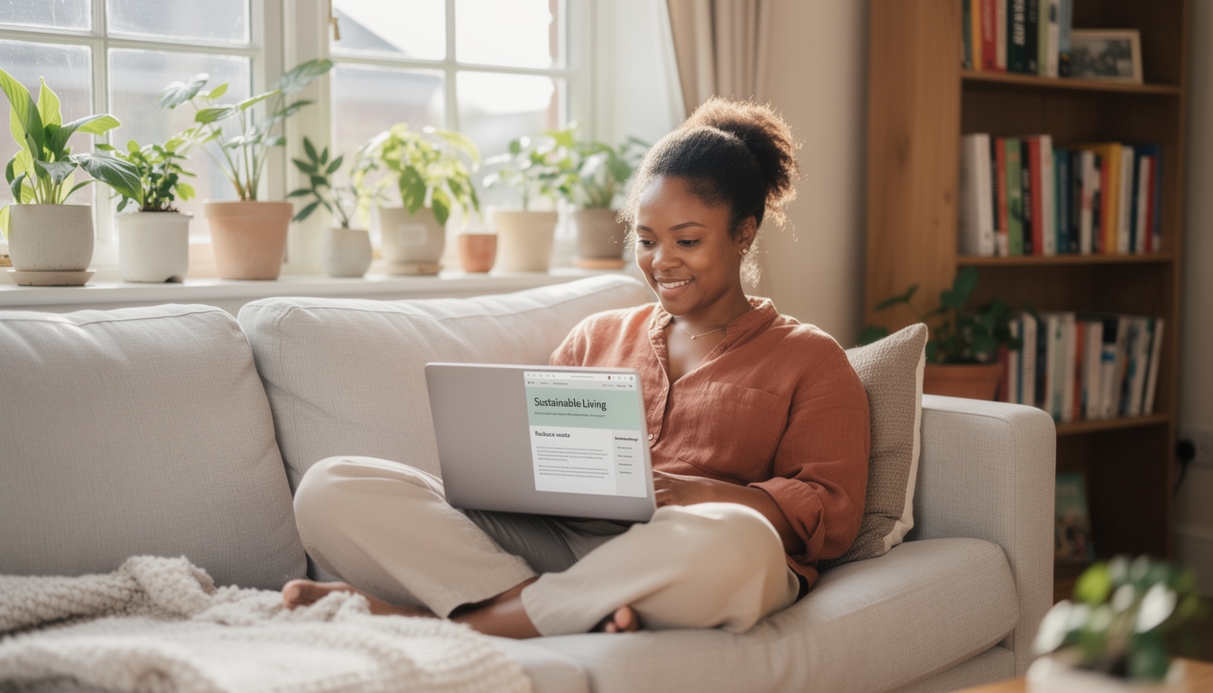 A woman in her 30s sitting comfortably on a sofa with a laptop, studying an online course, natural light and plants in the background